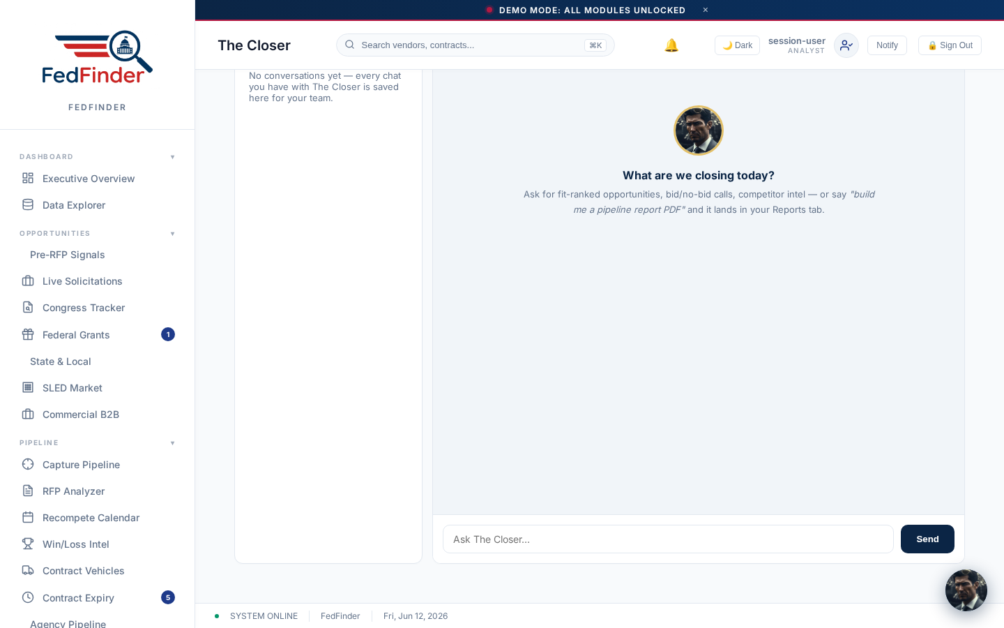 The Closer's full workspace with saved conversations