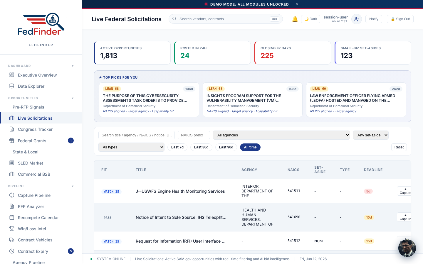 Live solicitations with bid/no-bid verdict chips