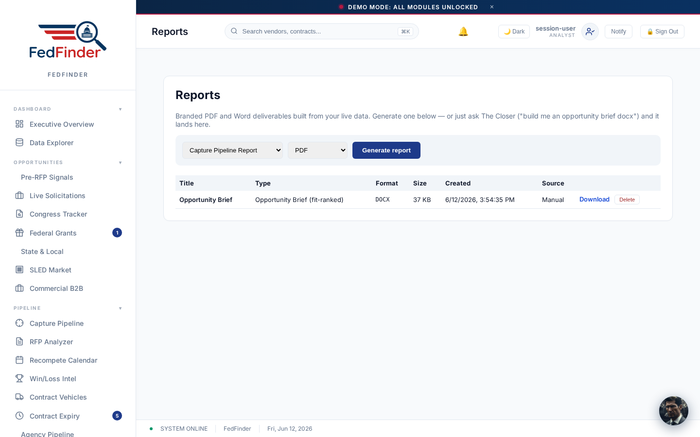 The Reports tab with generated PDF and Word deliverables
