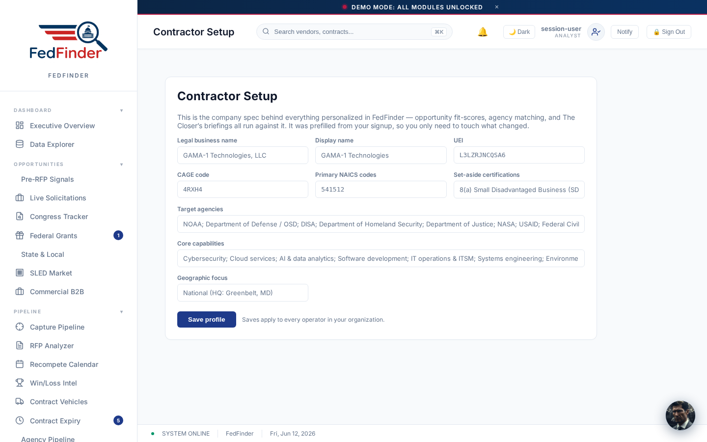 Contractor Setup prefilled from signup