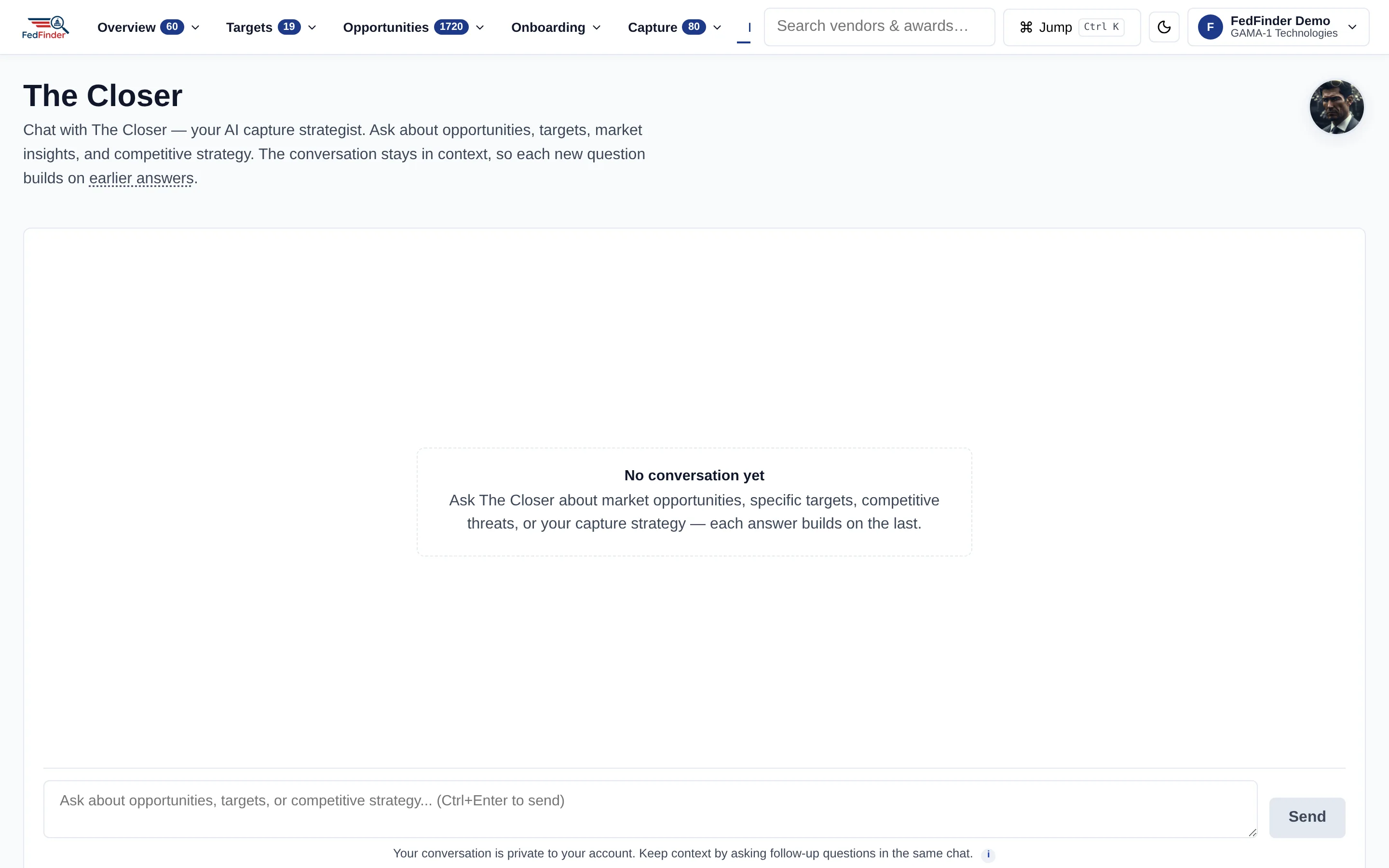 The Closer, FedFinder's AI operator for government contracting, answering a bid question with cited public sources