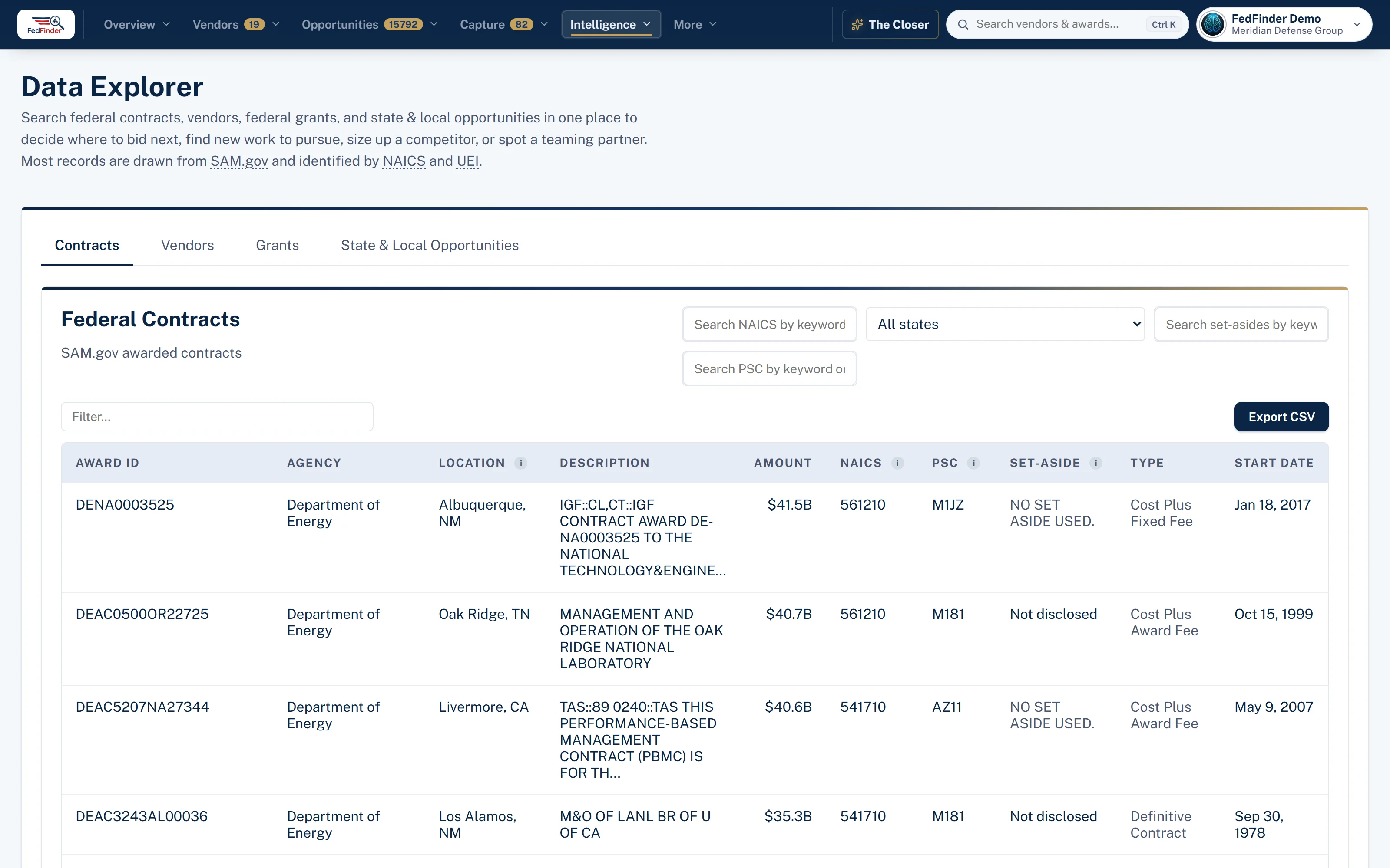 FedFinder's Data Explorer searching federal contracts, vendors, grants, and state and local opportunities
