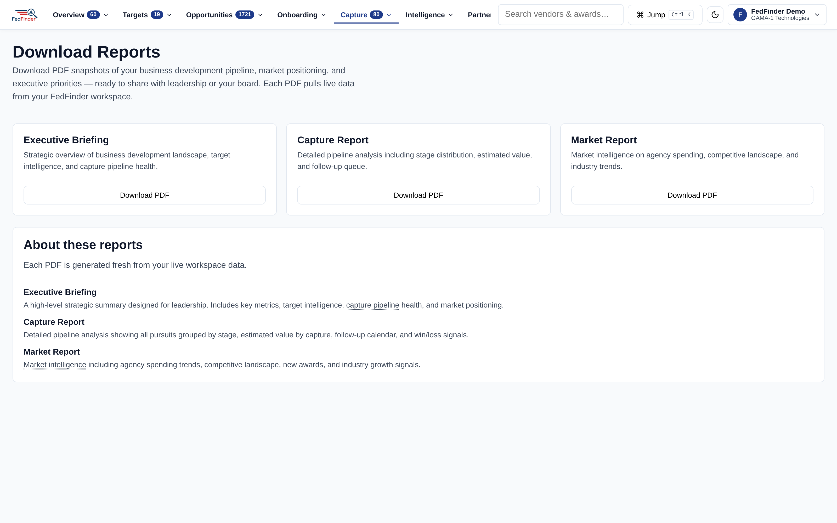 Generated reports, dossiers, and capability statements