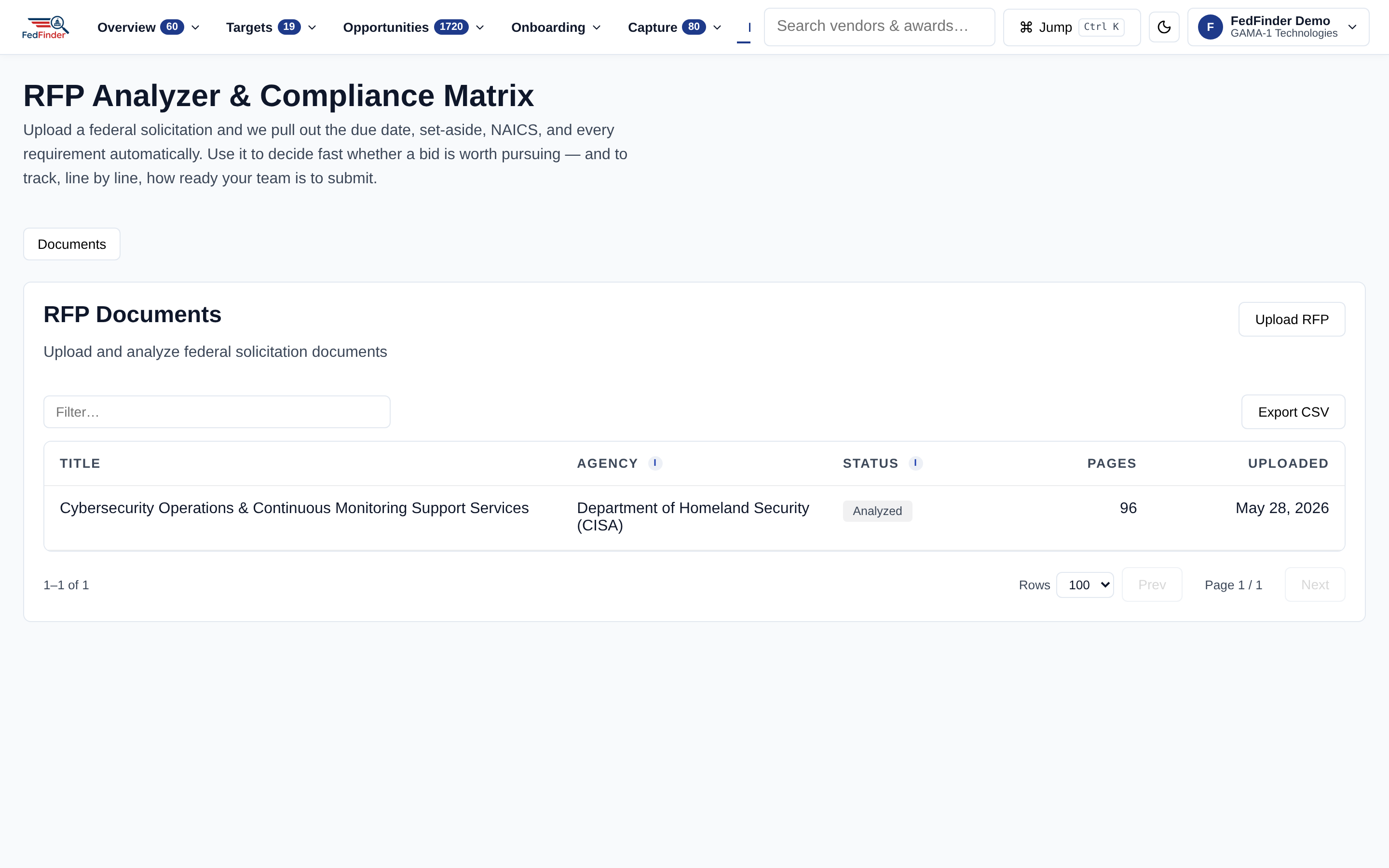 RFP document analysis with compliance matrix